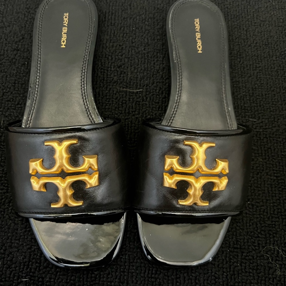 Tory Burch Black and Gold Slide Sandals